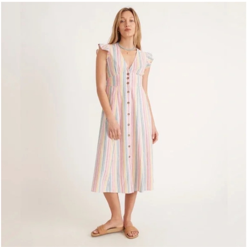 Marine Layer rainbow stripe button front Camila Midi Dress size M